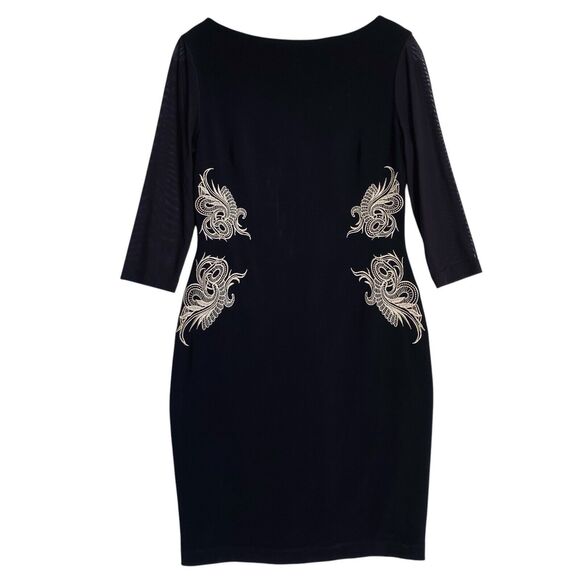 Joseph Ribkoff Embroidered Sheath Dress S Black 3/4 Sleeves Designer Minimalist - Picture 1 of 8